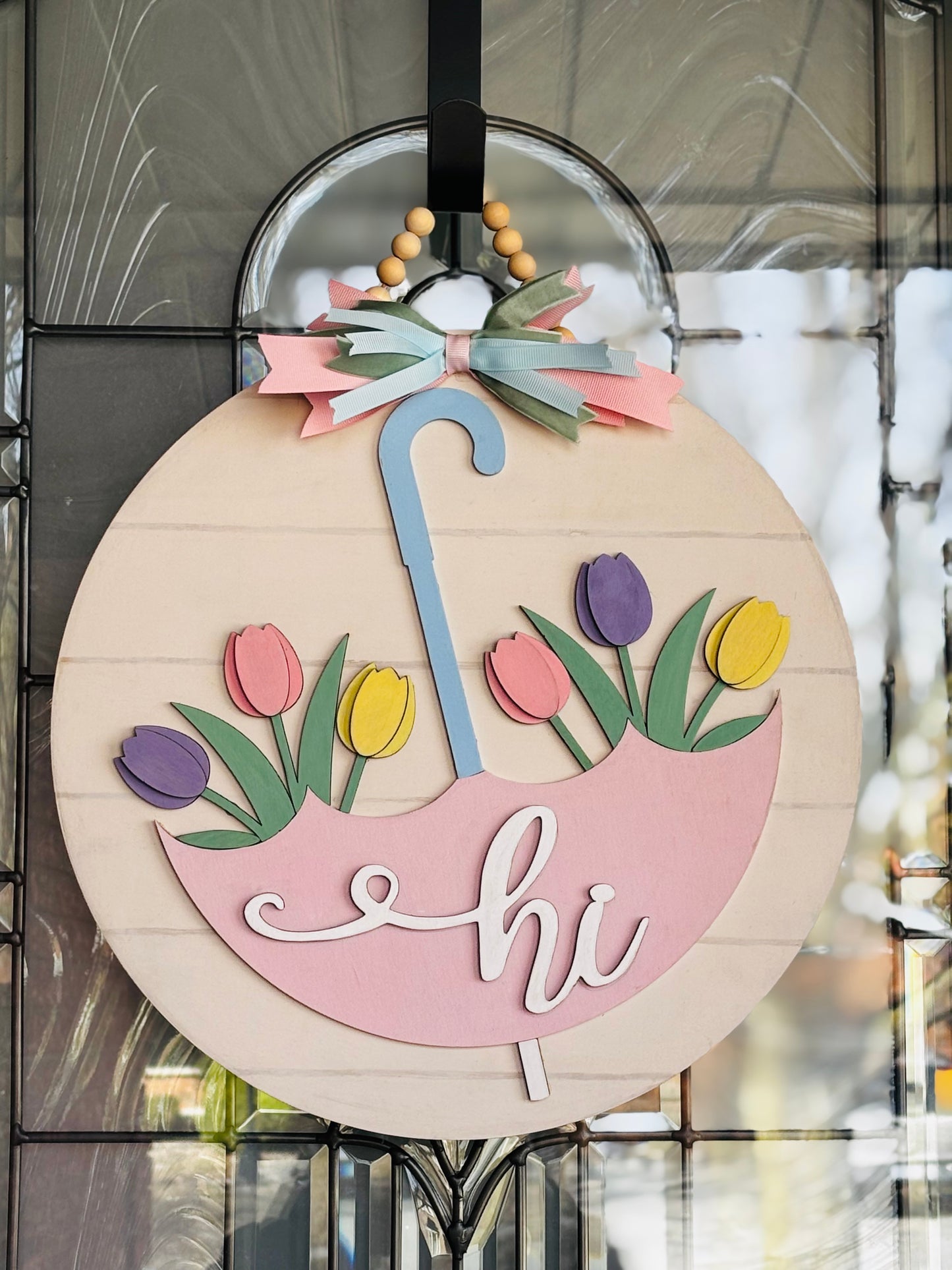 Tulips and Umbrella Spring Wood round sign