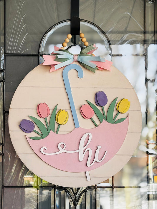 Tulips and Umbrella Spring Wood round sign